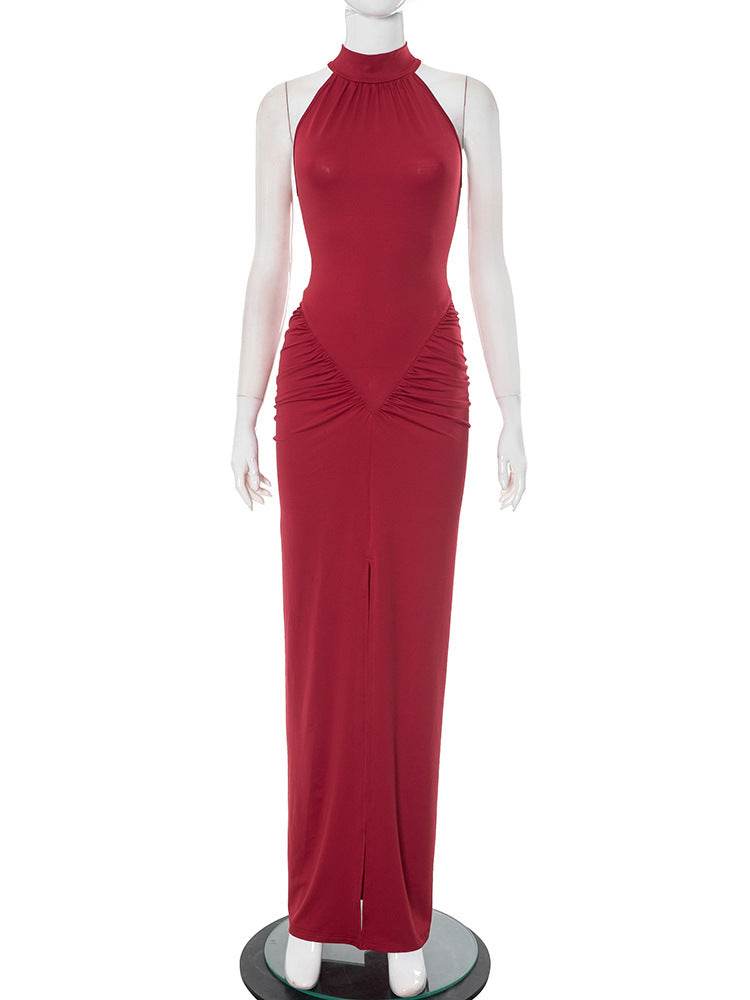 Women's Clothing Sleeveless Halter Skinny Sheath Long Dress Red