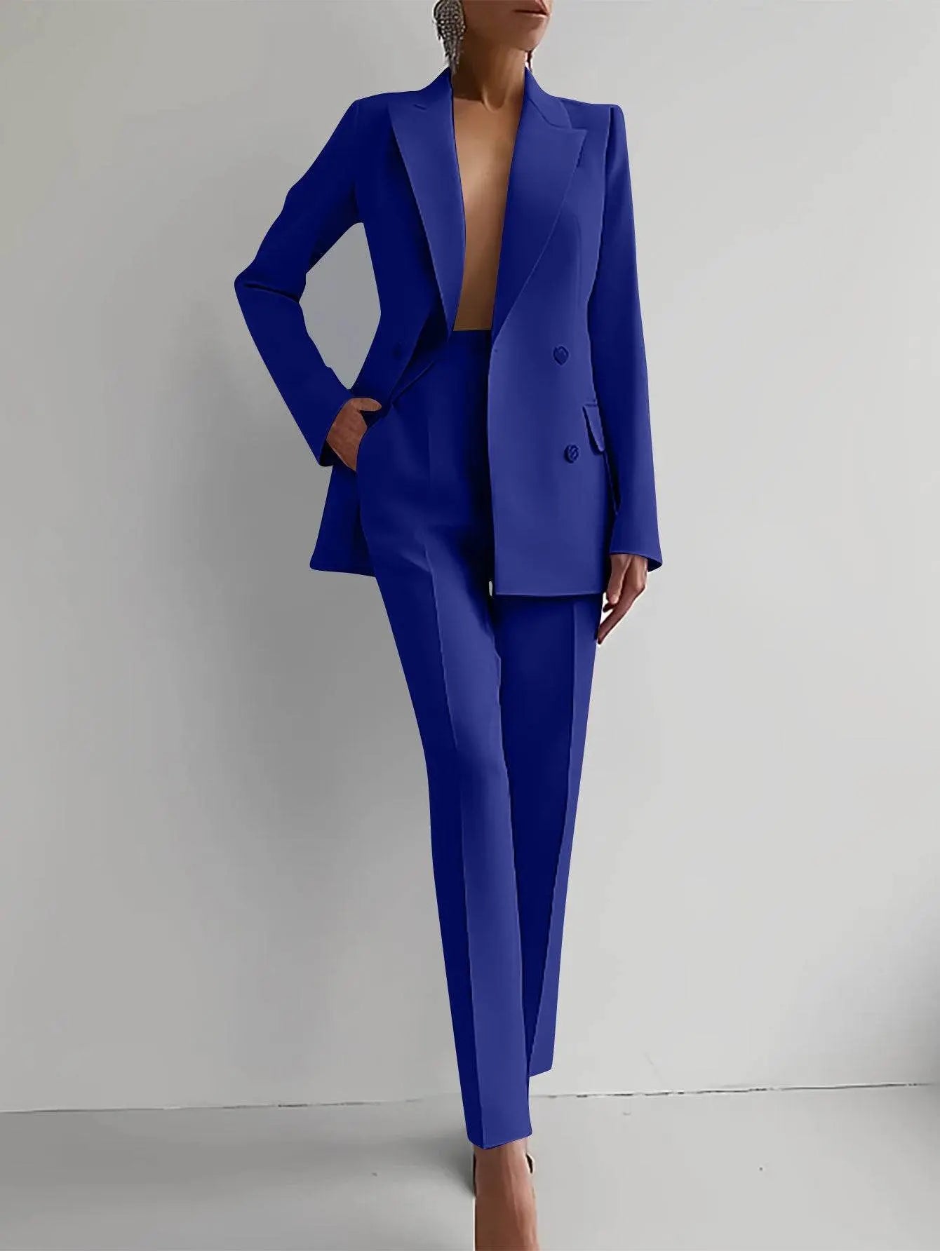 Casual Suits Fashion Long Sleeve Single-breasted Jacket Top And Slim Fit Trousers Women's Business Suits Blue