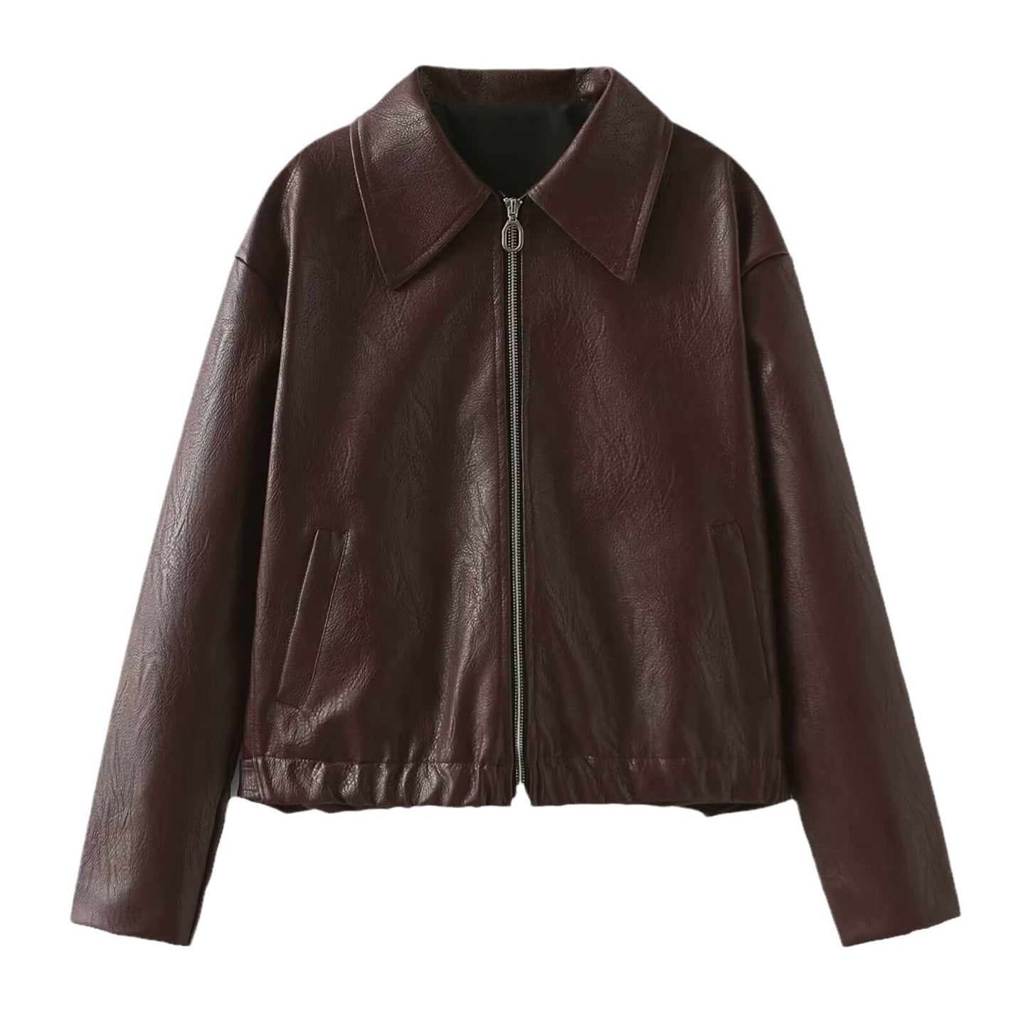 Solid Color Lapel Zipper Jacket Fashion Casual Long Sleeve Leather Coat Tops Women Clothing Burgundy