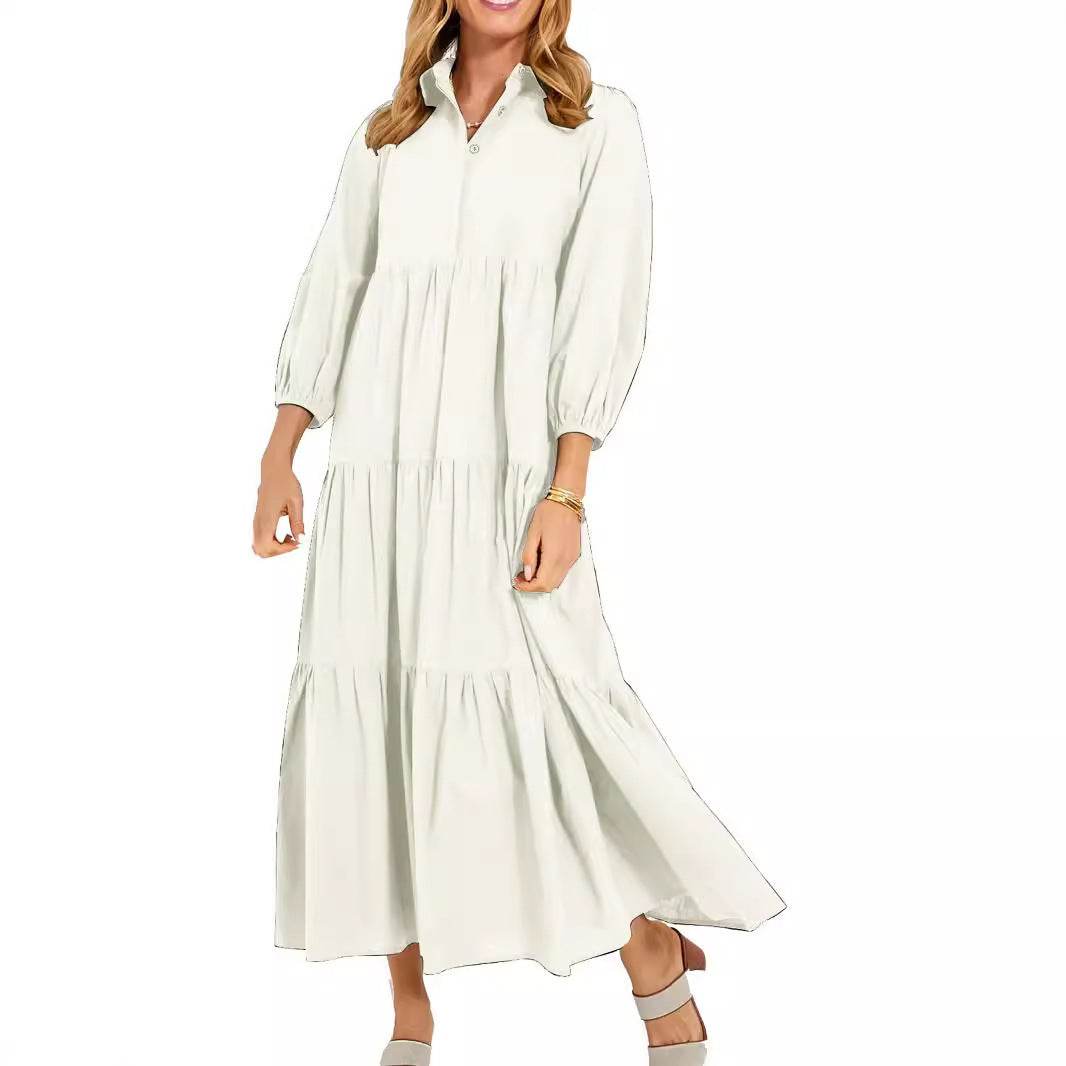 New Button Lapel Fashion Pullover High Waist Casual Dress Ladies