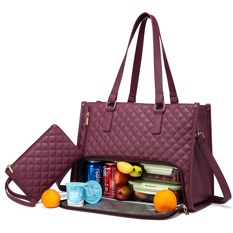 Convenient Commute New Lunch Bag Women's Insulated Lunch Box Women's Leak-proof Large Purse Diagonal Computer Storage Wine Red 36x16x30cm