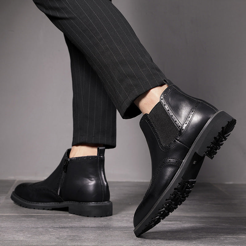 Trendy Zipper Leather Boots British Pointed Toe Boots Black