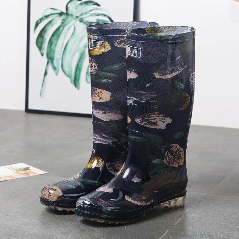 Women's Floral Knee-high Rain Boots Long Non-slip Wear-resistant Rain Boots Peony Flower