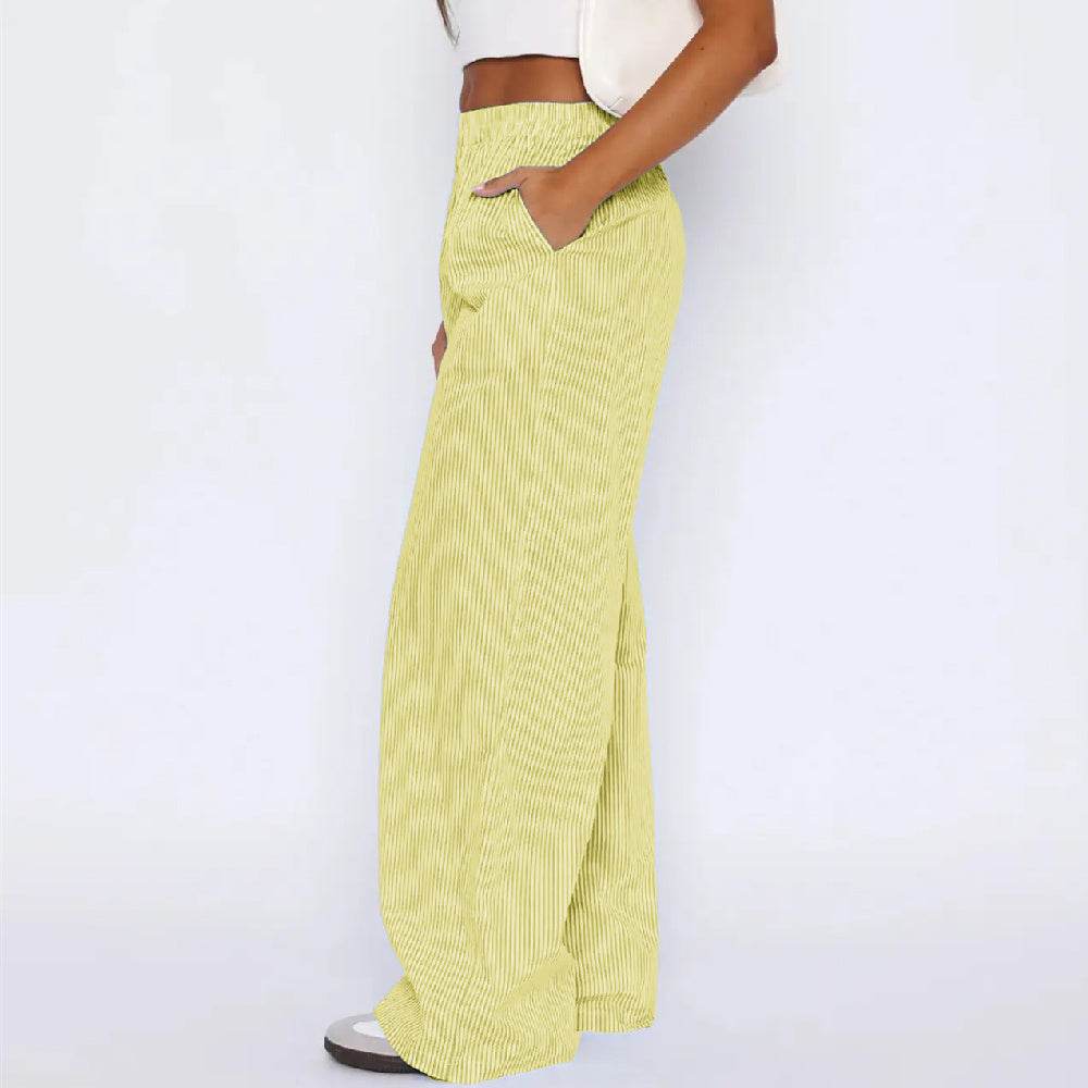 Striped Trousers With Pockets Ins Fashion Casual Wide Leg Straight Pants For Women Clothing Yellow