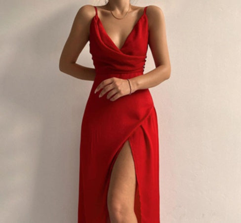 V-neck Slit Sling Dress Summer Fashion Sexy Slim Suspender Dresses For Women Clothing Red
