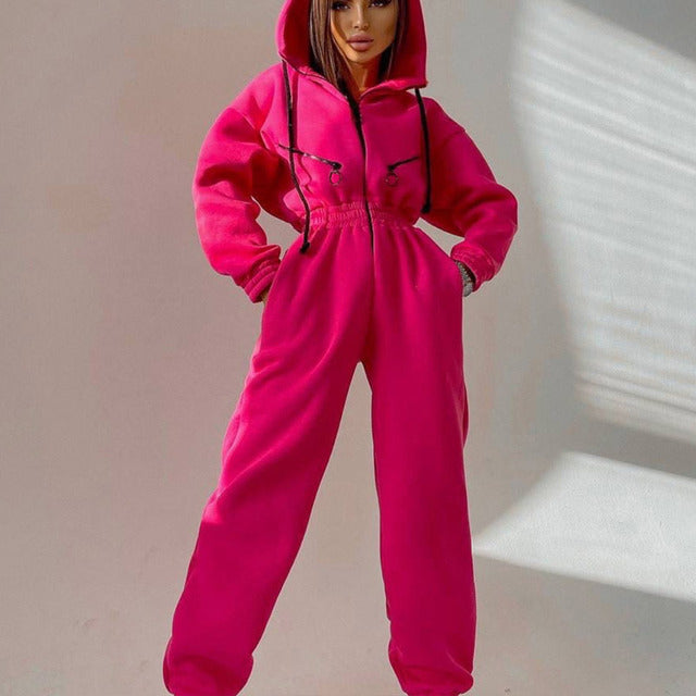 Casual Women Basic Hoodie Two Piece Sets Zipper Drawstring Red