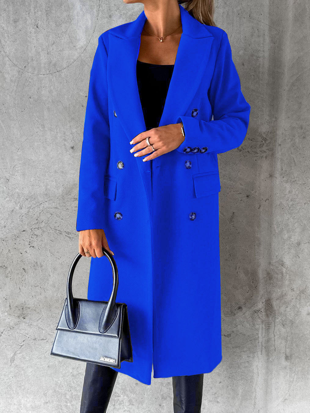Long Sleeve Lapel Coat Winter Fashion Solid Double Breasted Slim Long Jacket Womens Clothing Blue