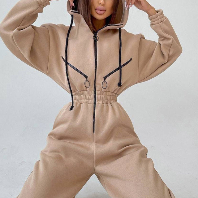 Casual Women Basic Hoodie Two Piece Sets Zipper Drawstring Apricot