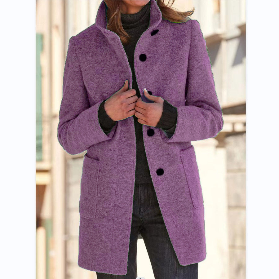 Fashion Stand Collar Woolen Coat With Pockets Fall Winter Casual Button Outwear For Women Clothing Light Purple