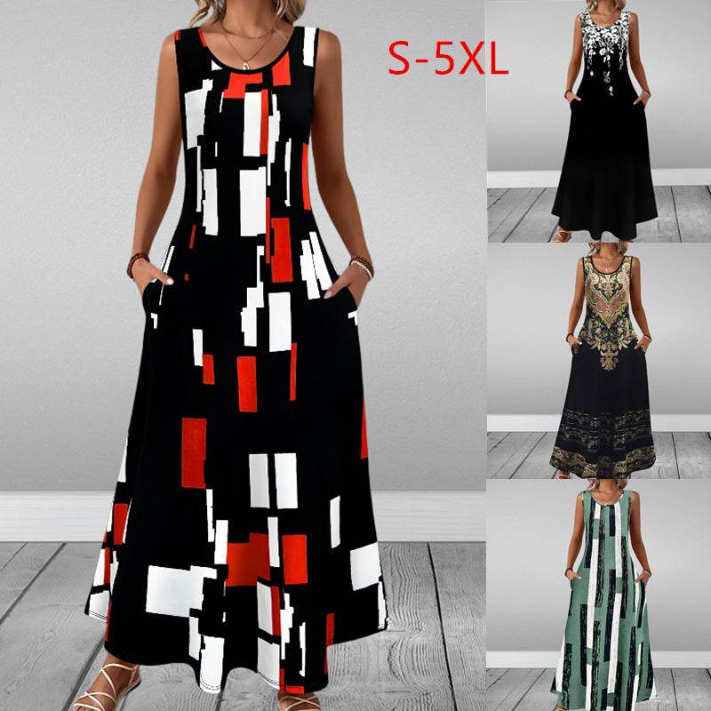 Sleeveless Slim Fit Elegant Printed Pocket Dress