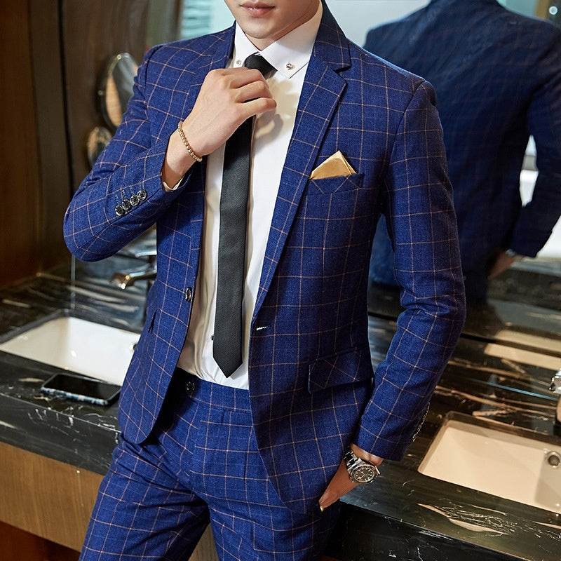 Men's Korean-style Business Suit Slim-fit Plaid Casual Wear Blue
