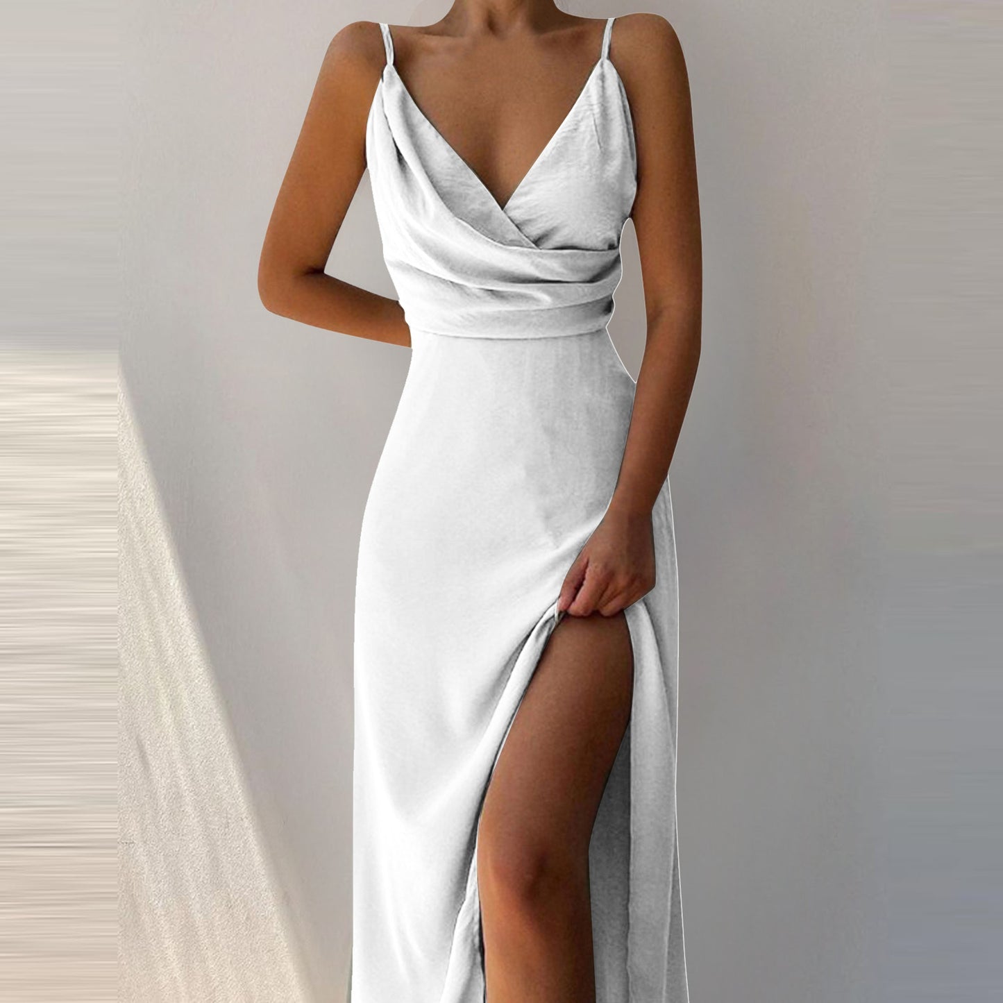 V-neck Slit Sling Dress Summer Fashion Sexy Slim Suspender Dresses For Women Clothing White