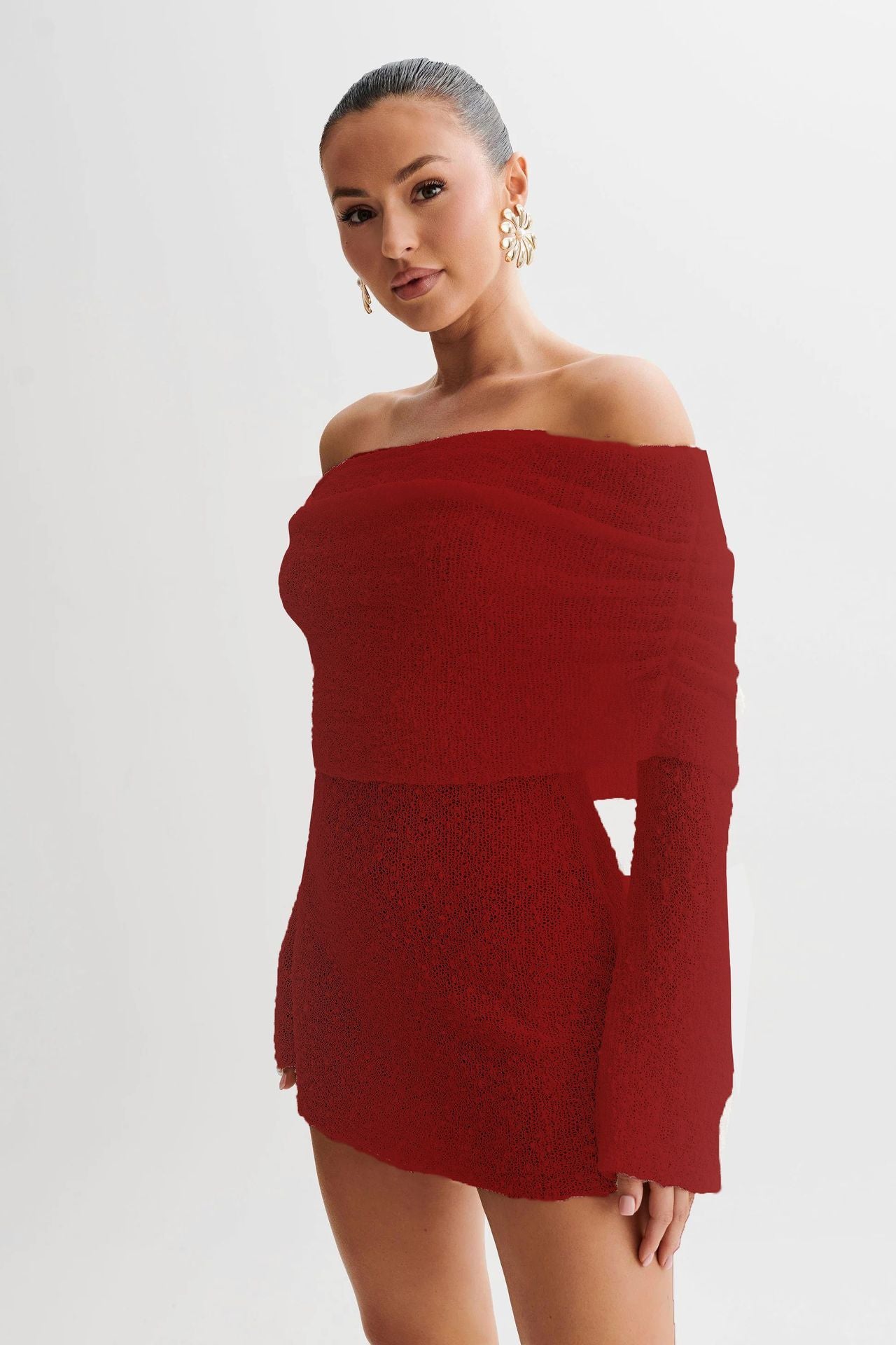 Women's Spring Summer Knitted Dress Elegant Party Boat Neck Dress Infant Off Shoulder Bodycon Long Sleeve Fuzzy Short Club Chic Mini Dress Red