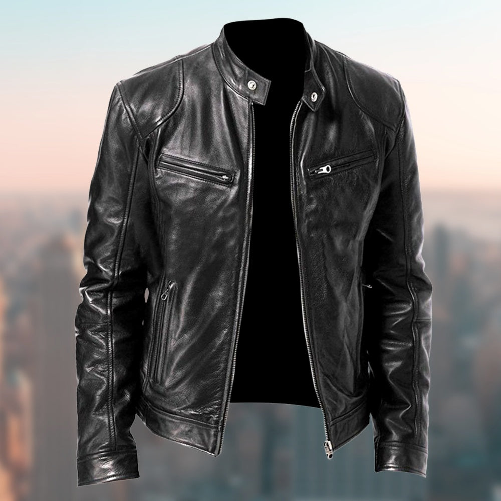 Gentleman's Warm Zipper Cardigan Pocket Decorated Pu Leather Coat Black
