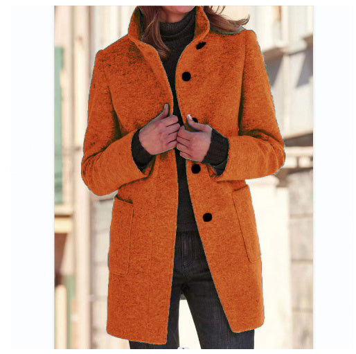 Fashion Stand Collar Woolen Coat With Pockets Fall Winter Casual Button Outwear For Women Clothing Orange