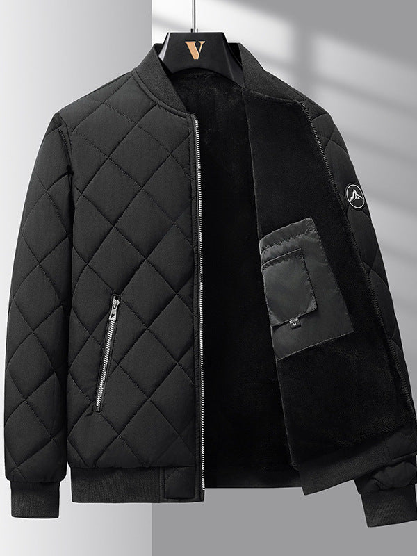 Fashion Rhombic-sewing Design Cotton Coat Winter Warm Thickened Baseball Jacket Casual Solid Color Outwear Clothing For Men Black