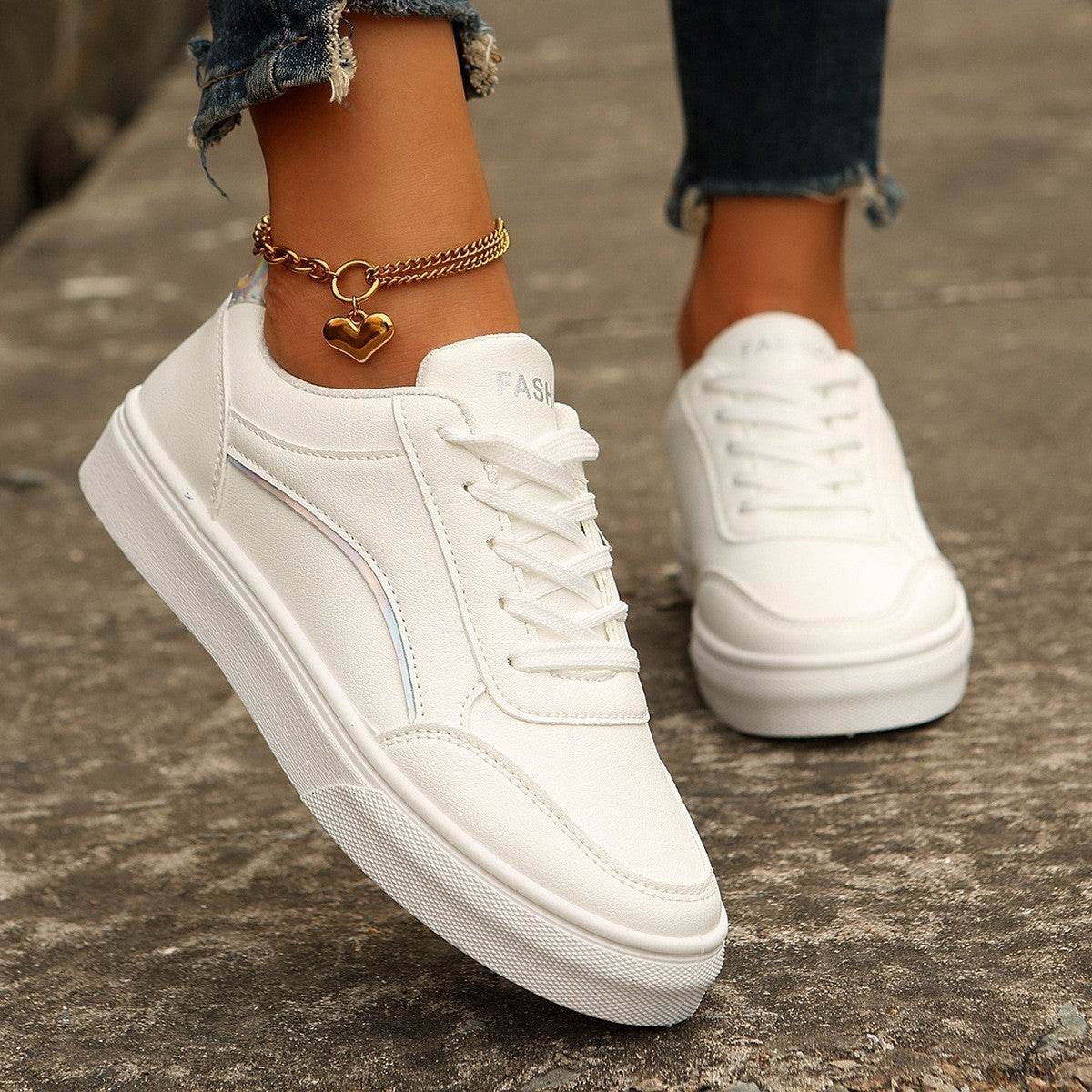 Lace-up White Flats Shoes Fashion Round Toe Slip-on Thick Sole Casual Shoes For Women Silver