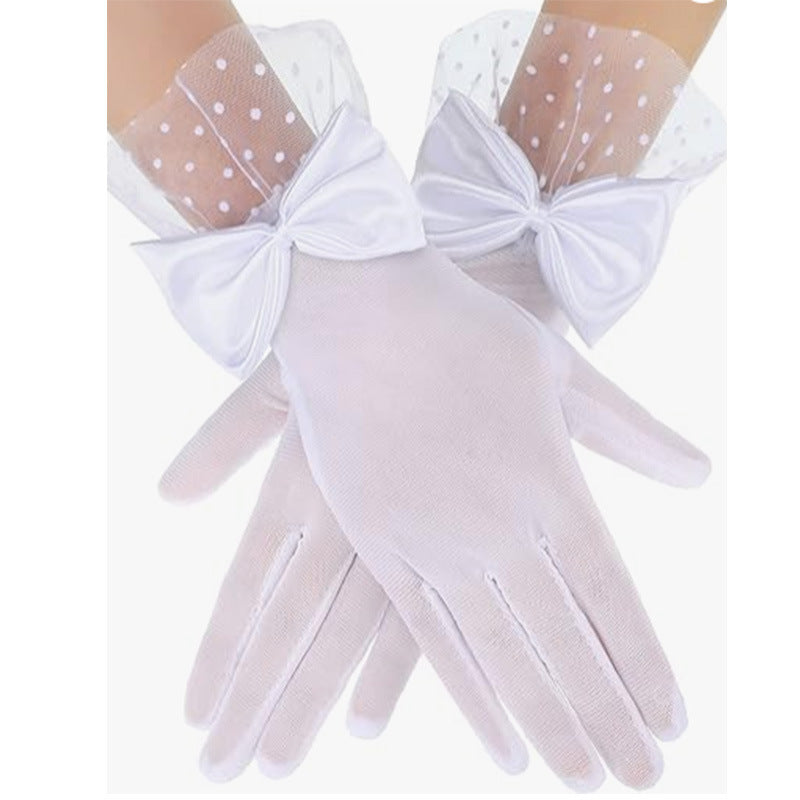 Vintage Mesh Gloves Bridal Wedding Bow Gloves White