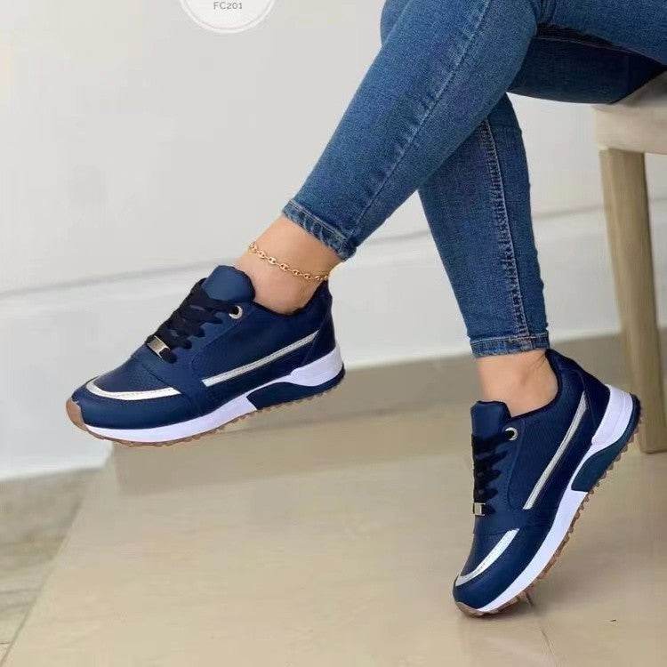 Casual Lace-up Flat Shoes Women Shallow Round Toe Sports Walking Sneakers Dark Blue