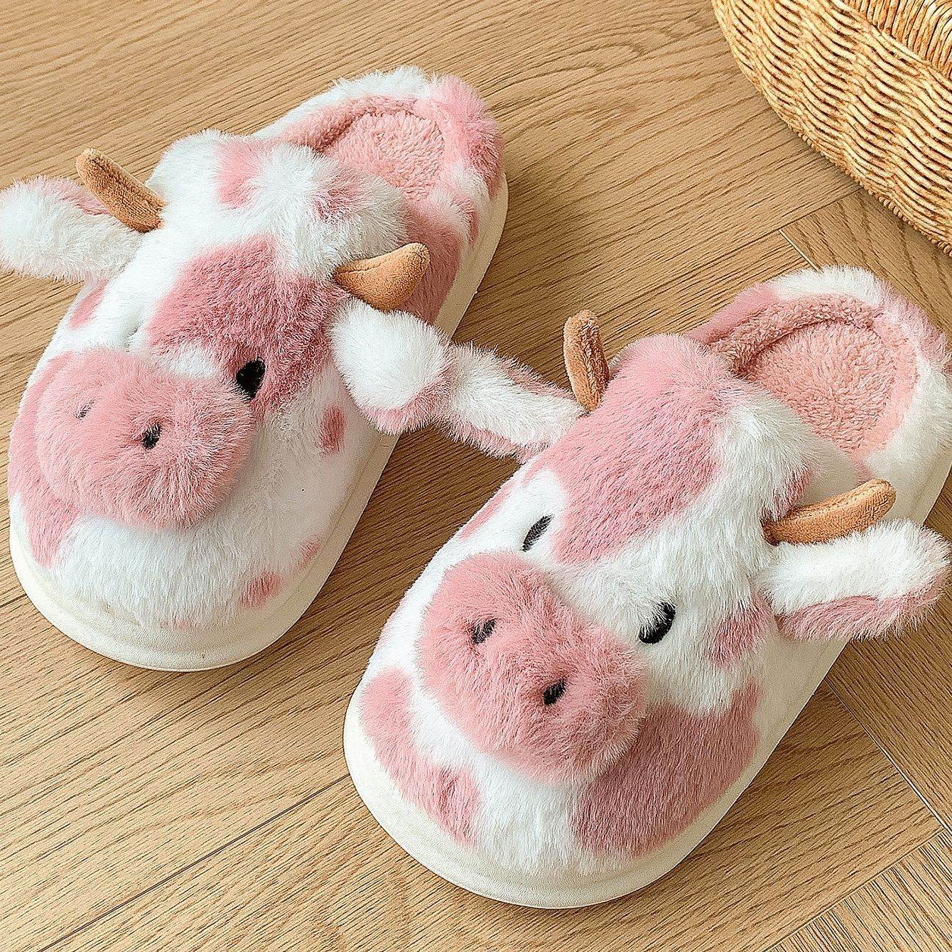 Cute Cartoon Cow Plush Slippers Winter Warm Indoor Bedroom Floor Fuzzy Slipper Couple Non-slip House Shoes Leather Red
