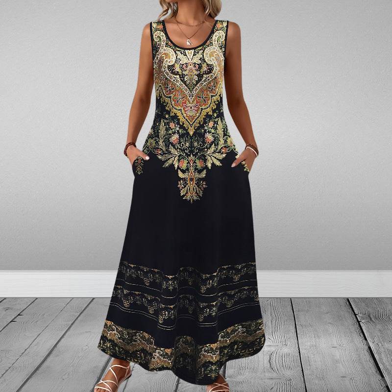 Sleeveless Slim Fit Elegant Printed Pocket Dress Gold