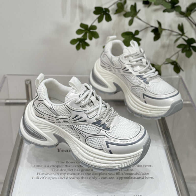 Vintage Genuine Leather Platform Dad Shoes Women Silver