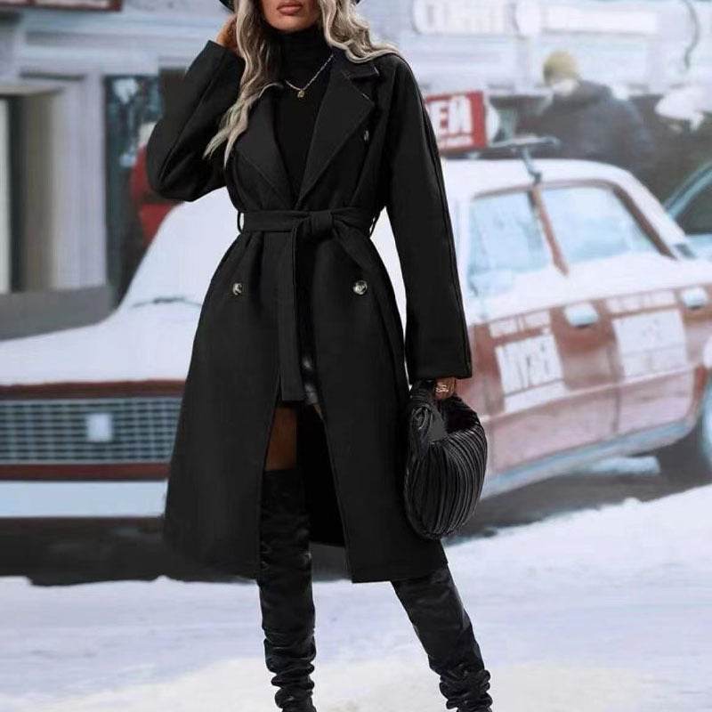 Lapel Double-breasted Trench Coat With Belt Winter Fashion Solid Color Long Jacket Outwear Women Clothing Black