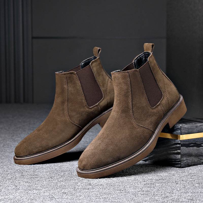 Men's Suede Leather Autumn And Winter New Fleece-lined Pointed Ankle Boots 1388 Brown Plus Velvet