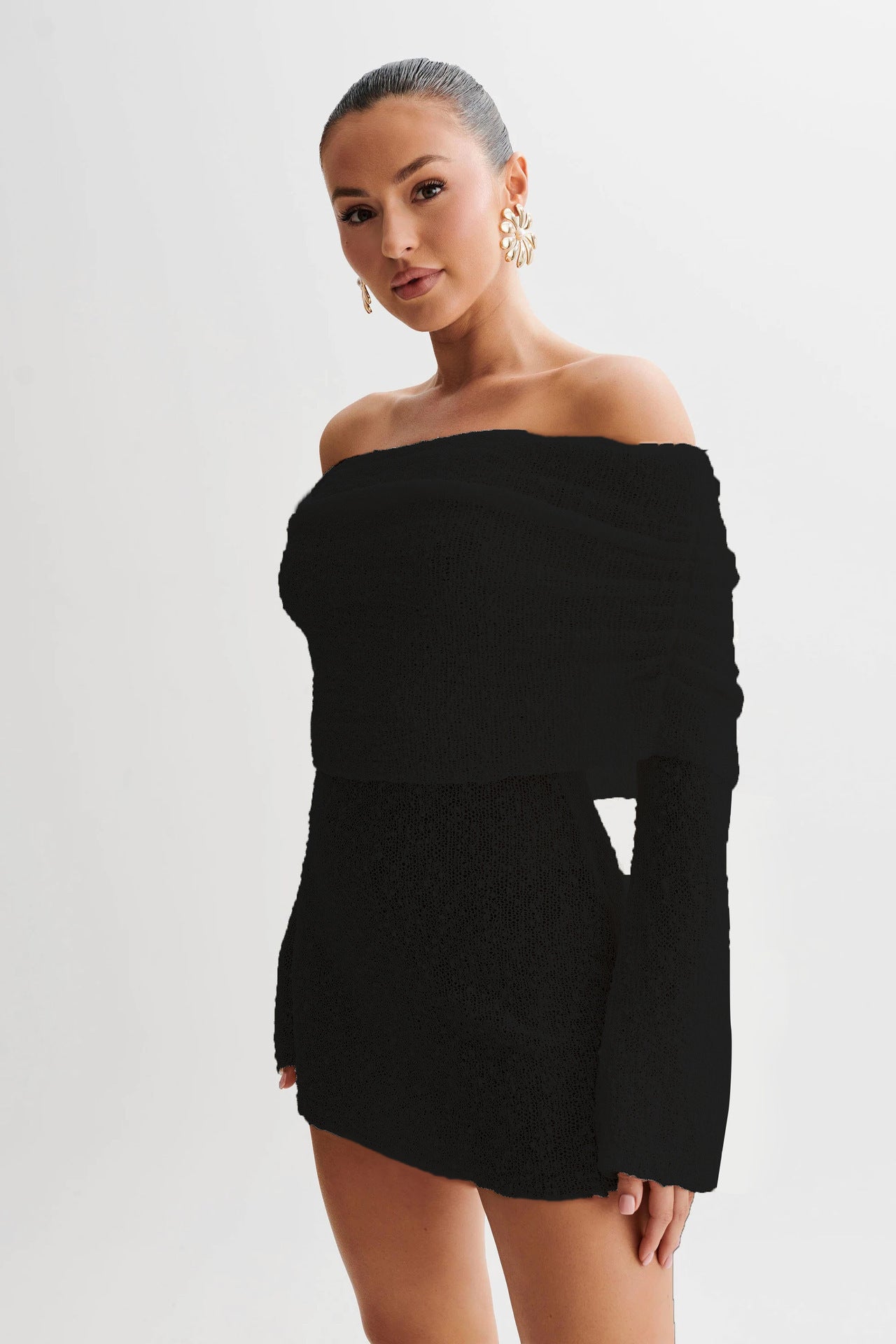 Women's Spring Summer Knitted Dress Elegant Party Boat Neck Dress Infant Off Shoulder Bodycon Long Sleeve Fuzzy Short Club Chic Mini Dress Black