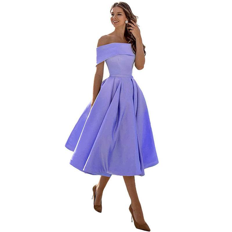 Women's Fashion Casual Strapless Satin Party Dress Off The Shoulder Tea Length Satin Prom Dresses With Pockts Formal Evening Party Dress Lavender