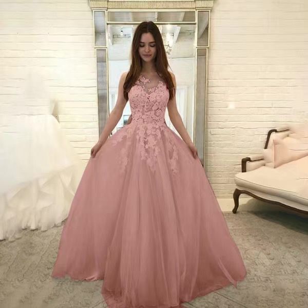 Women Wedding Dress Sleevless Flowers Lace Dress Pink