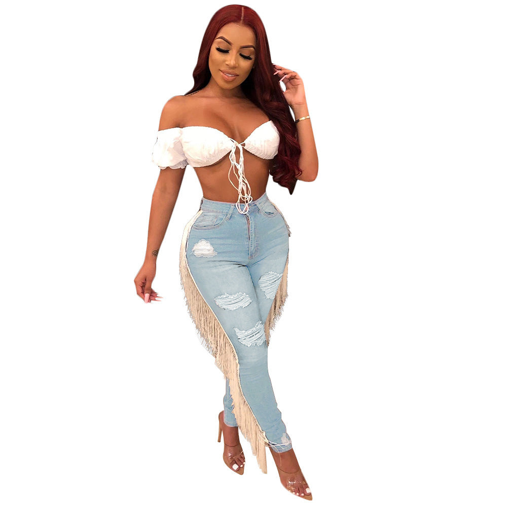 Casual ruffled fringed jeans Light blue