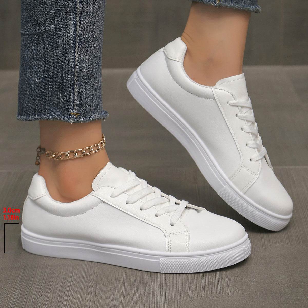 Lace-up White Shoes Women's Flat Leather Surface Sneakers White