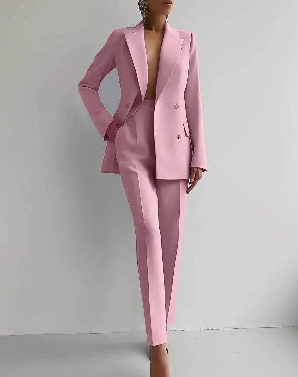 Casual Suits Fashion Long Sleeve Single-breasted Jacket Top And Slim Fit Trousers Women's Business Suits Pink