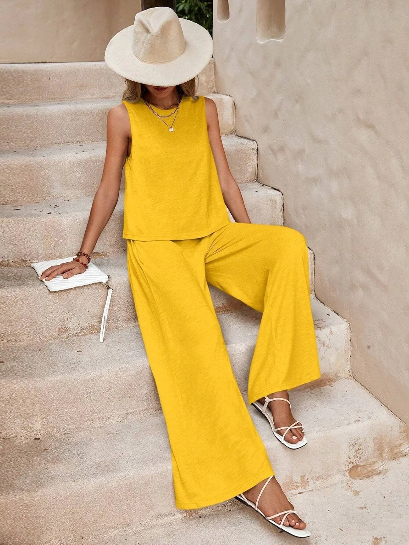 Solid Color Casual Loose Pants Sets For Women Elegant Spring Summer Women's Two Pieces Suit Full Trouser Set Female Outfit Clothes Yellow