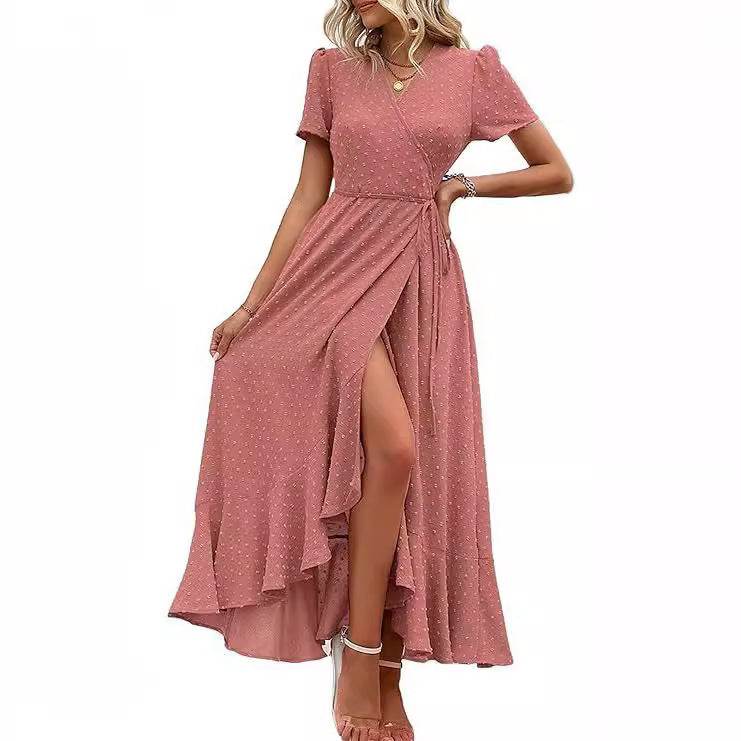 Short Sleeve Pleated Slit Hemline At Hem Beach Dress