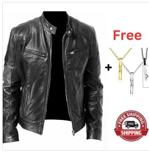 Gentleman's Warm Zipper Cardigan Pocket Decorated Pu Leather Coat Clothing and black necklace