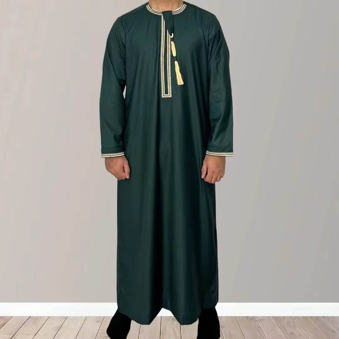 Solid Color Round Neck Embroidered Thick Tassel Oman Gowns Saudi Arabia Men