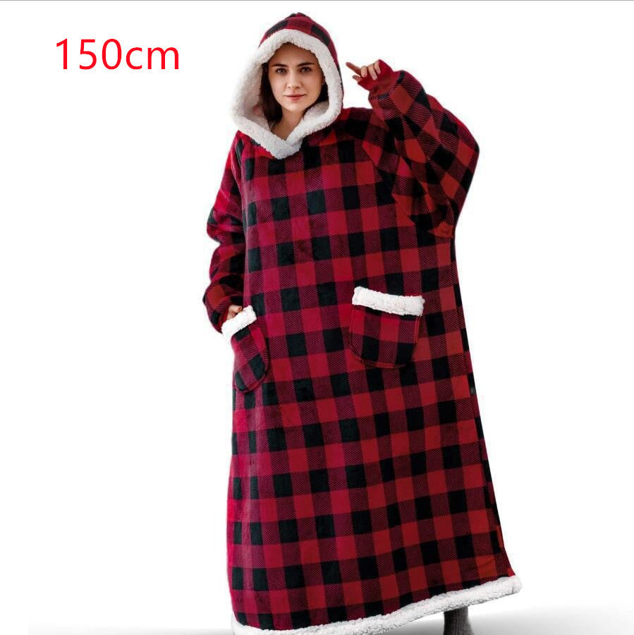 Winter TV Hoodie Blanket Winter Warm Home Clothes Women Men Oversized Pullover With Pockets 150cm red black grid One Size