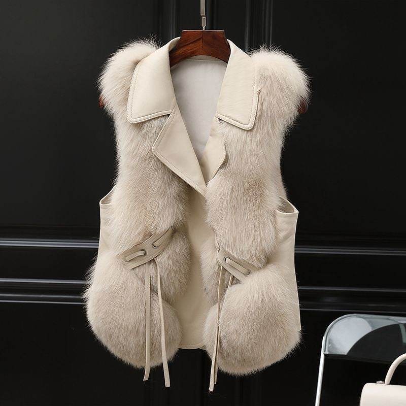 Fur Vest Short Coat Autumn And Winter New Patchwork Winter Fox Fur Jacket Women Short Artificial Fur Coat Elegant Female Warm Vest Milk Tea Color