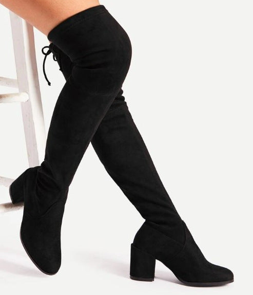 Mid-High Tube Chunky Heel High Heel British Style Fashion All-match Stretch Boots Black