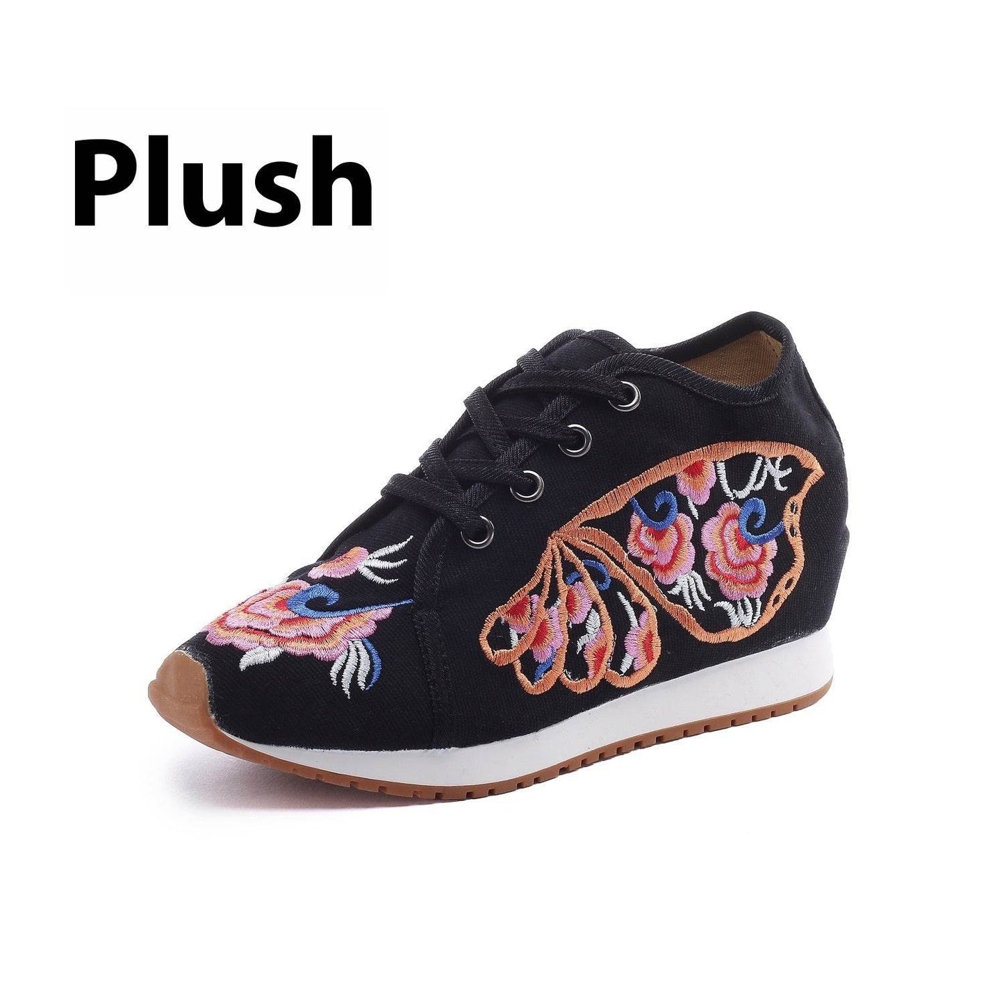 Travel Canvas Embroidered Sneaker Casual Fashion Cloth Shoes Ladies Butterfly Wings Black Velvet