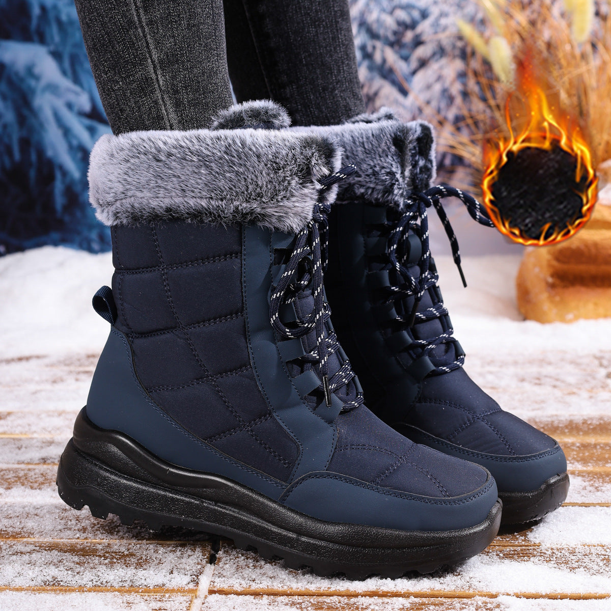 Women's High-top Snow Boots Fleece-lined Non-slip Waterproof Boots Blue