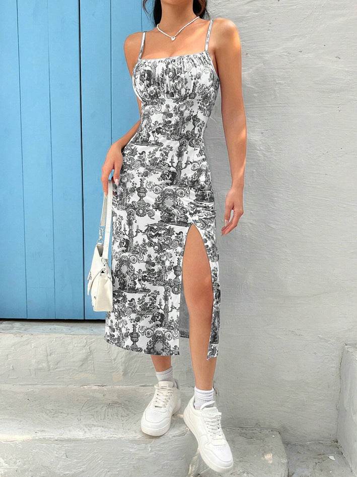 Leopard Print Sheath Long Dress Gray Printing