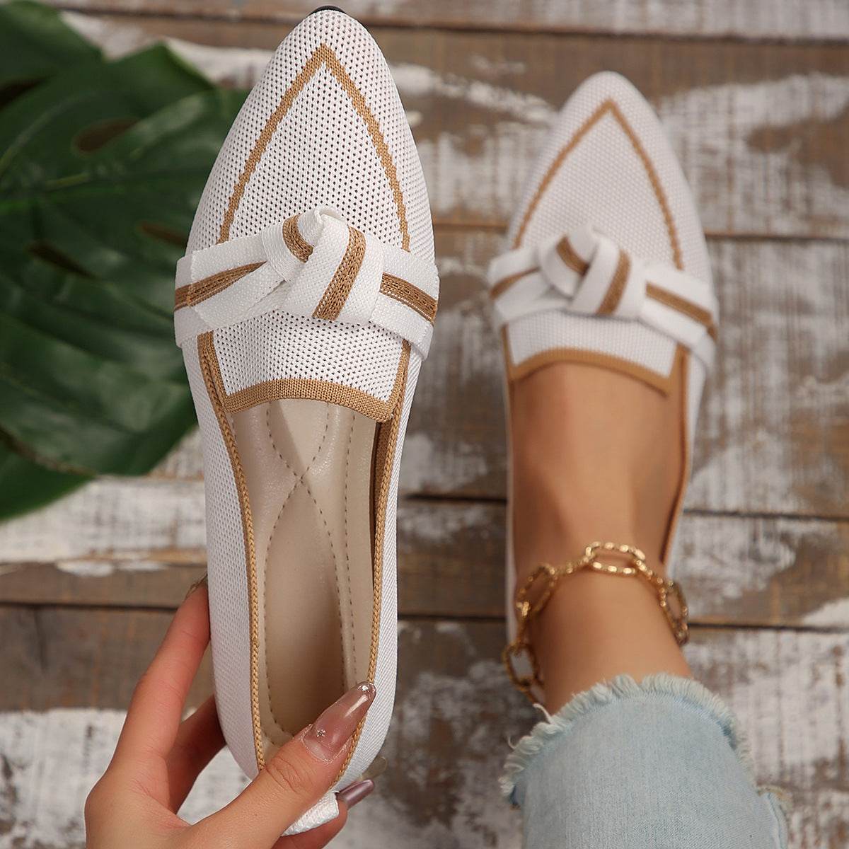 Fashion Pointed Toe Bow Flat Shoes For Women Lying Woven Slip-on Breathable Shoes Summer White
