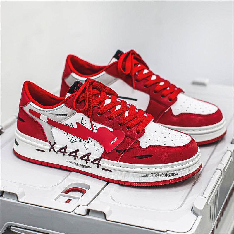 Distressed Graffiti Skateboard Shoes Men's Sneakers White Red