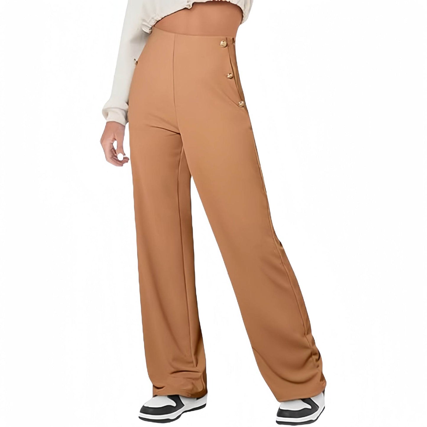 Women's Casual Straight Pants High Waist Button Camel
