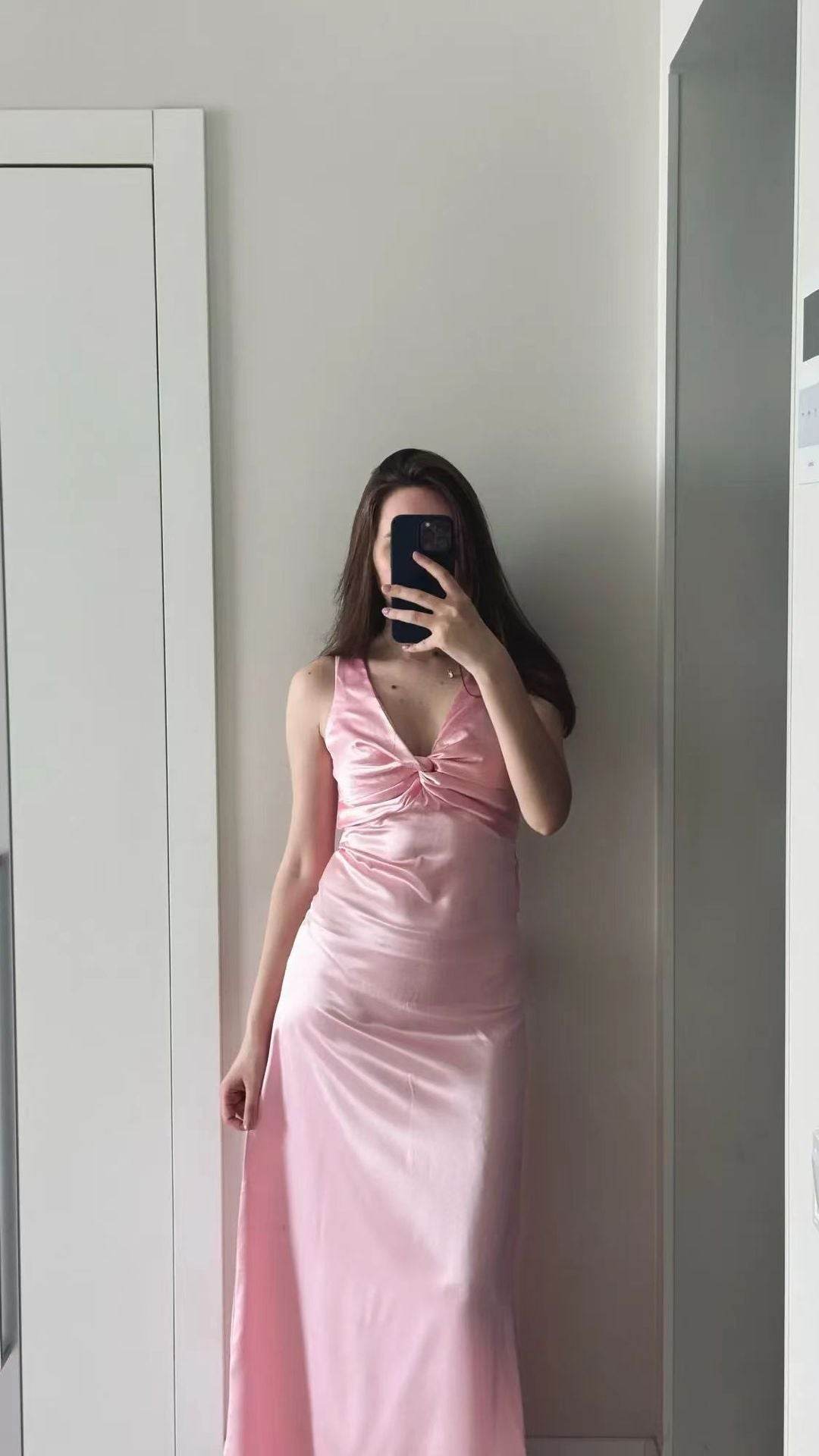 Fashion Sexy V-neck Lace Up Backless Maxi Dress Slim Fit Satin Dress Pink