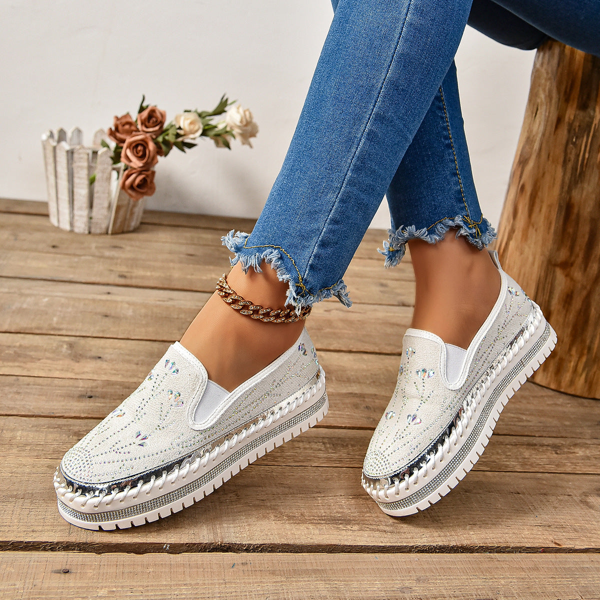 Casual Sneakers Slip-on Rhinestone Platform Thick Bottom Shoes Beige