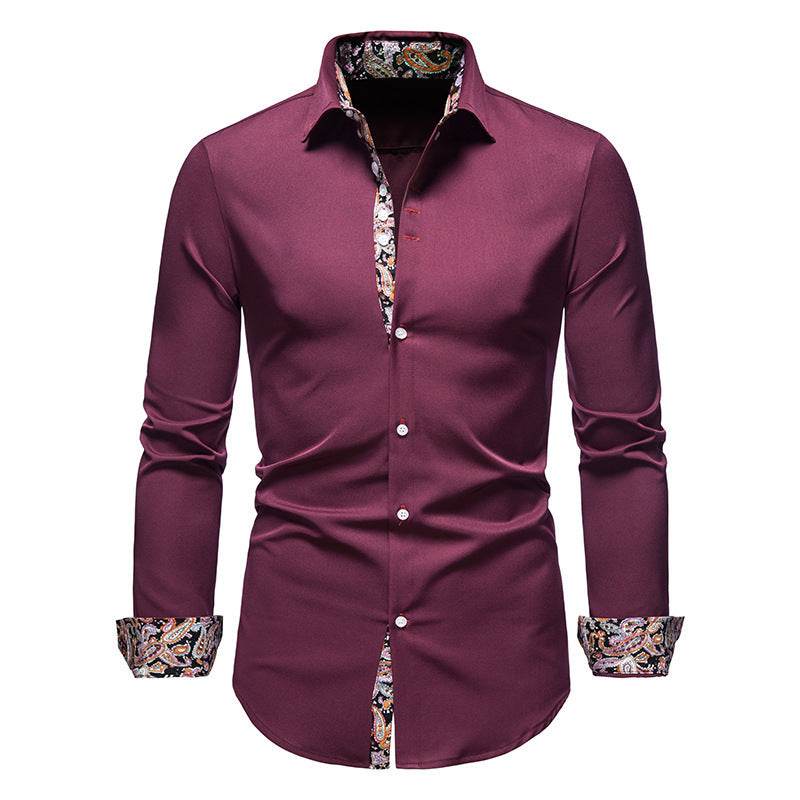 Men's Long-sleeved Shirt Lapel Slim-fit Assorted Colors Wine Red